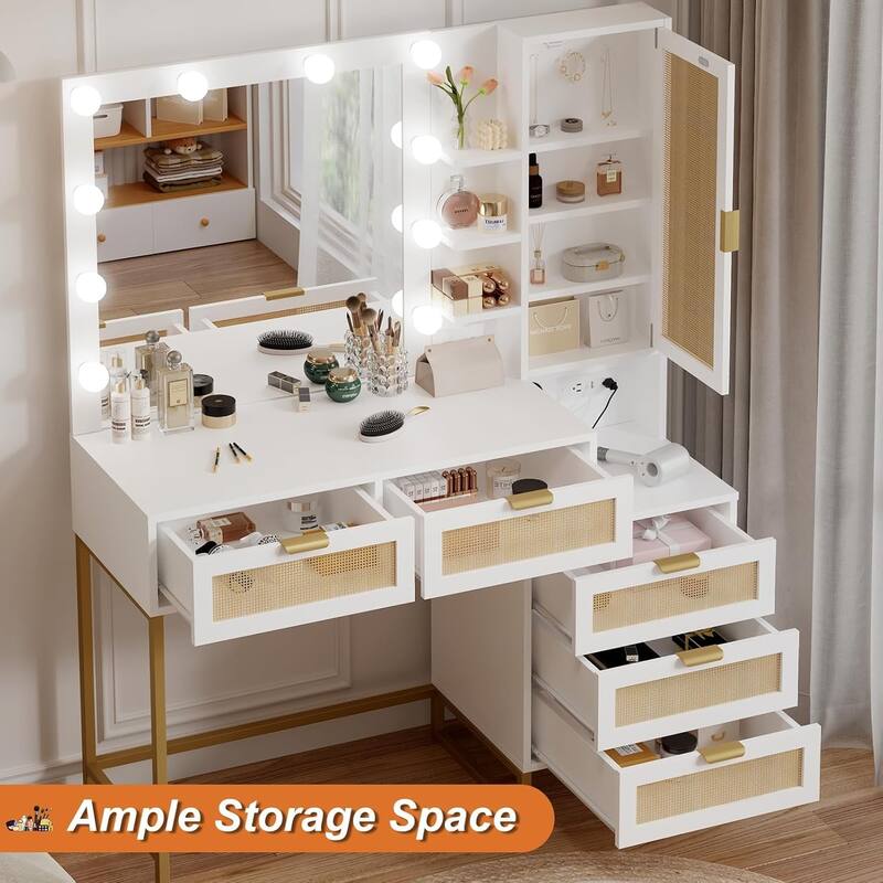 Modern Makeup Vanity Desk with Lighted Mirror, Power Outlets & Storage, Wood Fluted Dressing Table for Bedroom