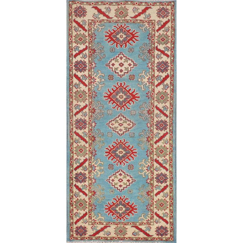 Light Blue Kazak Runner Rug Handmade Wool Carpet - 2'2" x 5'11"