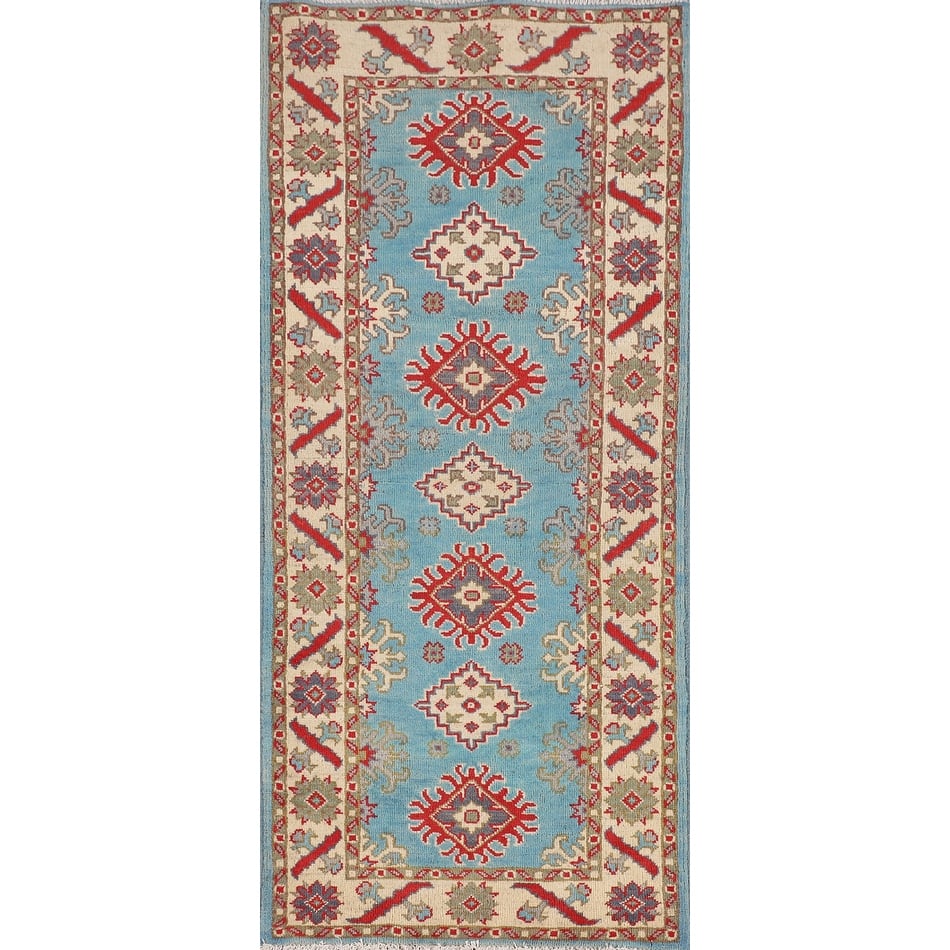 Light Blue Kazak Runner Rug Handmade Wool Carpet - 2'2" x 5'11"