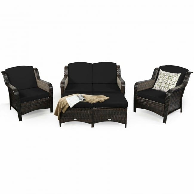 5 Pieces Patio Rattan Sofa Set with Cushion and Ottoman - 51" x 33.5" x 33" (L x W x H)