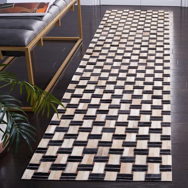 slide 2 of 2, SAFAVIEH Handmade Studio Leather Errica Mid-Century Modern Rug 2'3" x 9' Runner - Black/Ivory - Runner
