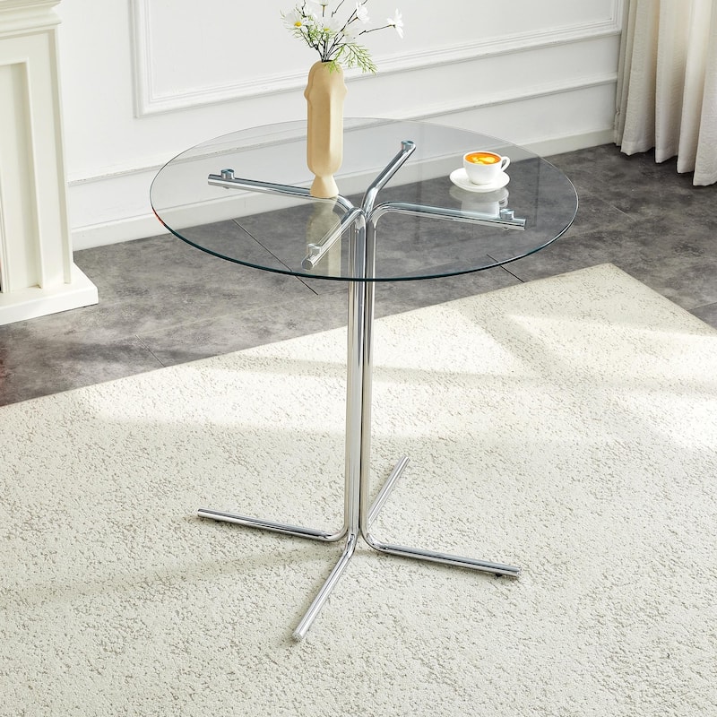 36" Round Glass Bar Table - Tempered Glass Top, Gold Chrome Column Base, Space-Saving Design