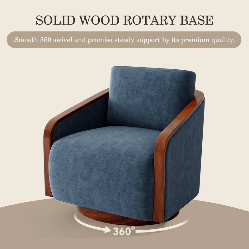 Upholstered Swivel Barrel Chair with Curved Wood Arms