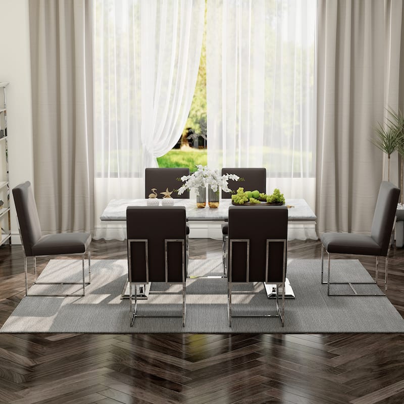 White and Gold Dining Room Table Set with 72 inch Table and White PU Leather Dining Chairs