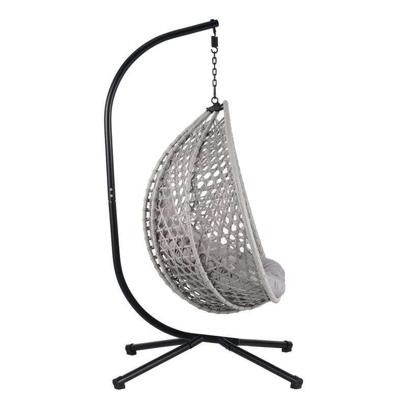 Hollowed-Out Hanging Chair with Adjustable Headrest, Weather-Resistant Rattan Swing Chair with Iron Base