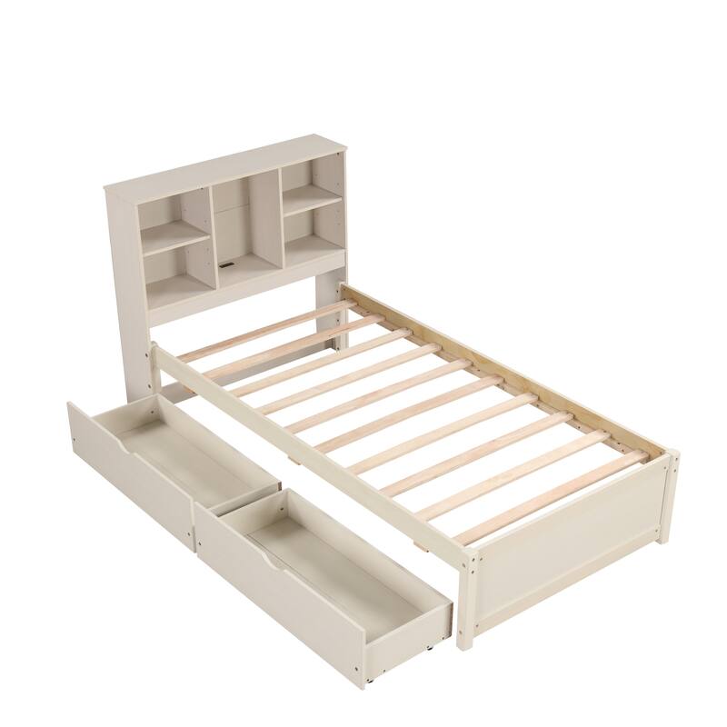 Modern Twin Size Bed Frame with USB Port, Bookcase Headboard & 2 Drawers in White Washed Finish