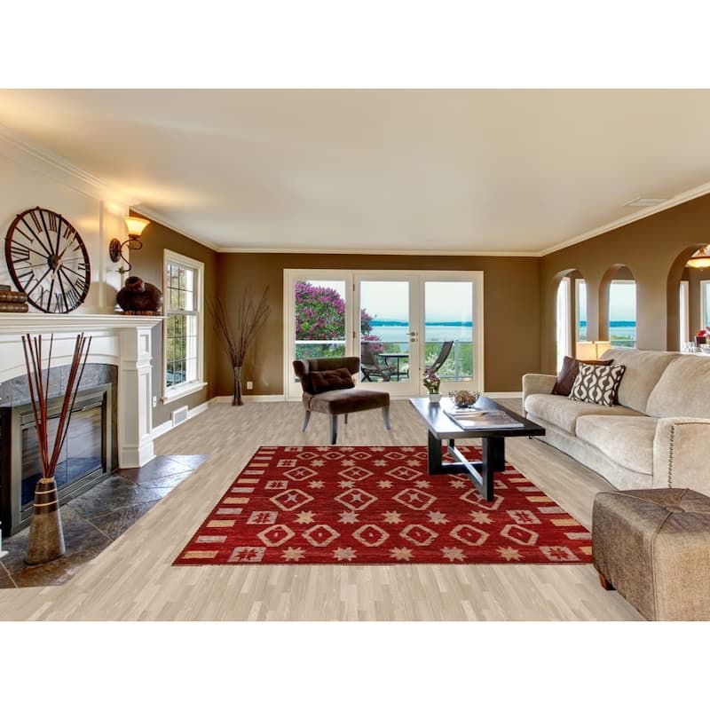 Hand Knotted Oriental 100% Wool Carpet Modern Tribal Red Moroccan Area Rug - 9' 8'' X 6' 10''