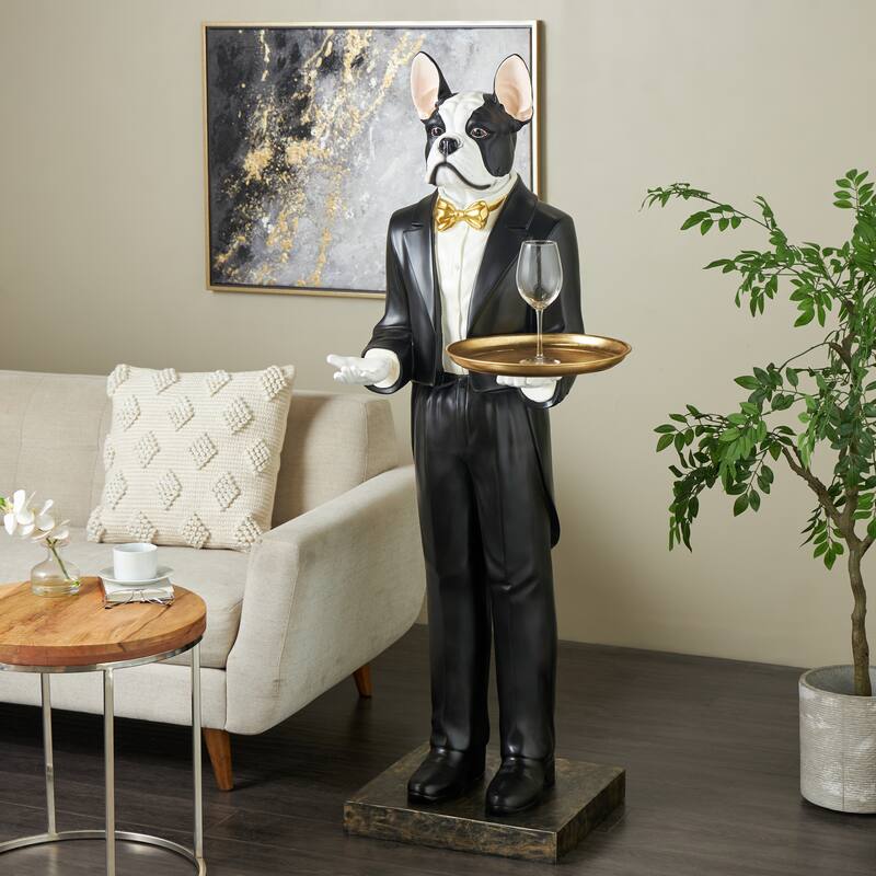 White Resin Floor Waiter Dog Decorative Sculpture with Gold Bow Tie and Plate - 26"W x 26"L x 64"H
