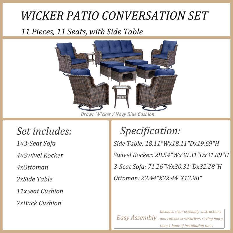 11 Piece Outdoor Wicker Patio Conversation Swivel Chairs Furniture Set