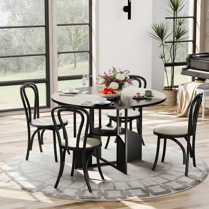 59" Round Dining Table for 4–6, Wood Pedestal Kitchen Table with Adjustable Feet, Farmhouse Style for Dining Room - Wood Color + Black