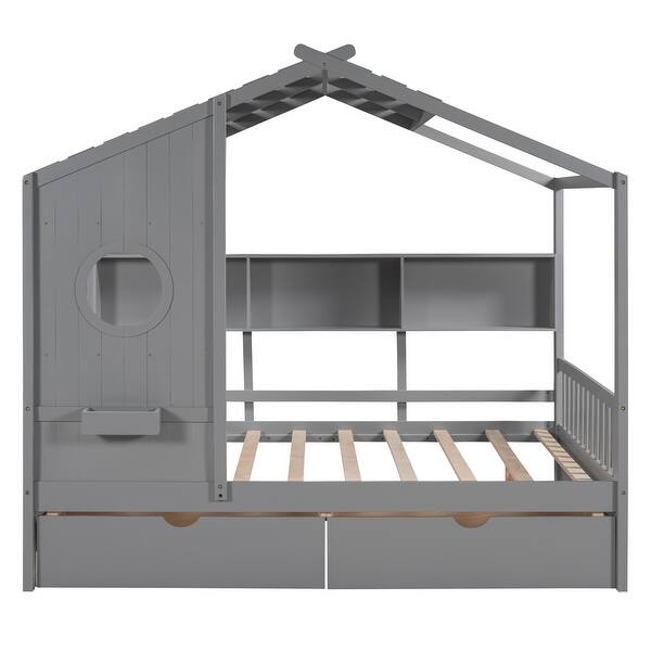 slide 2 of 28, Full House Bed with Drawers & Shelf - Cozy Gray/White Wood Finish Gray