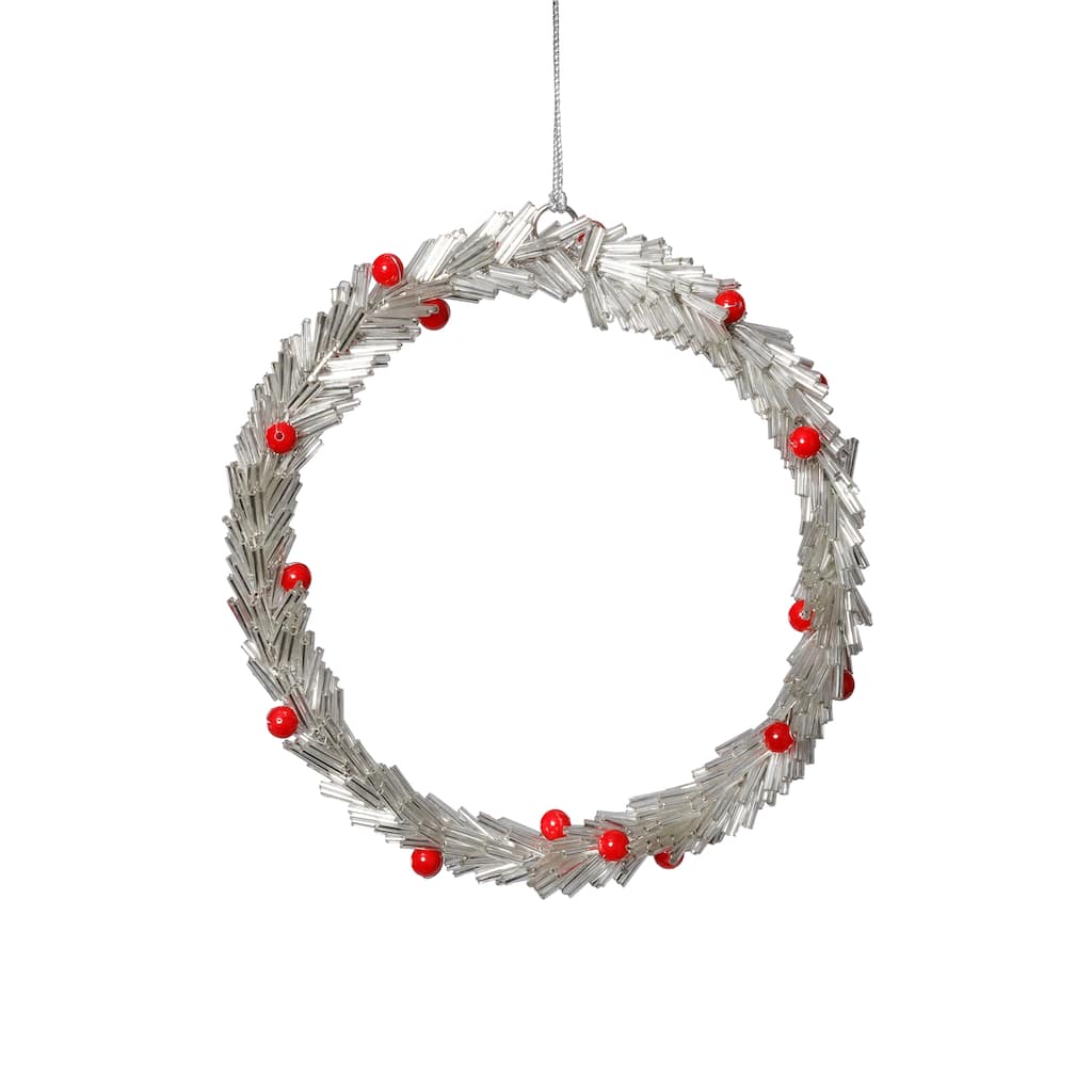 Festive Beaded Christmas Round Hanging Ornaments with Red Berries, Set of 12, 6"