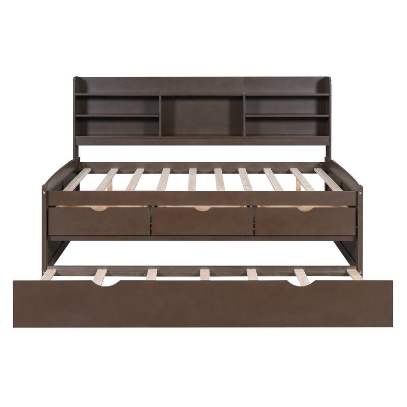 Full Size Wooden Bed with Bookcase Headboard, Three Storage Drawers, and Trundle for Space-Saving Design
