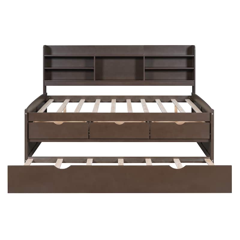 Wooden Full Captain Bed with Built-in Bookshelves