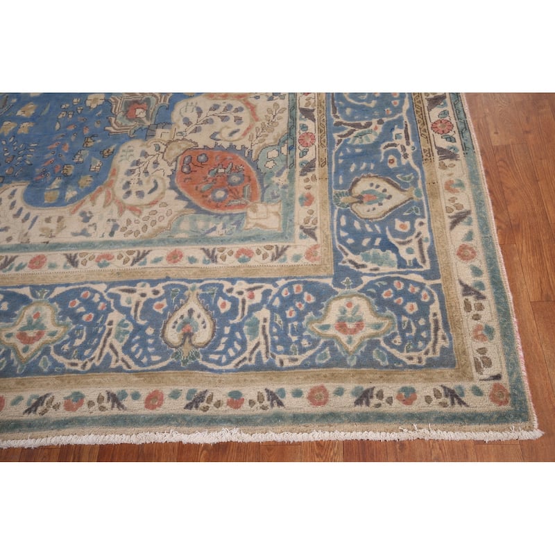 Tabriz Vintage Persian Area Rug Hand-Knotted Blue Wool Carpet - 9'10" x 13'5"