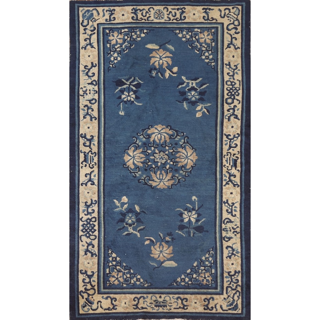 Vegetable Dye Blue Art Deco Chinese Antique Rug Handmade Wool Carpet - 3'1"x 5'9"