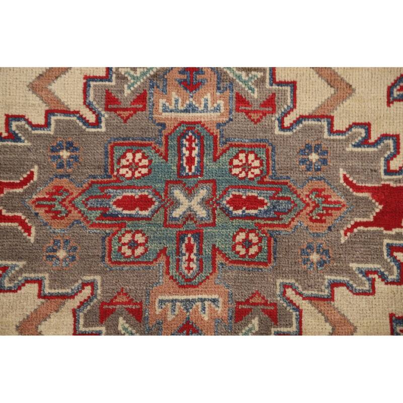 Geometric Kazak Area Rug Handmade Beige Wool Carpet - 4'10" x 6'6"