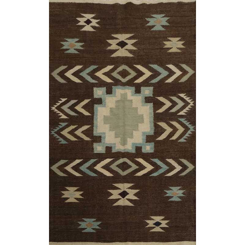 Hand Woven Oriental 100% Wool Carpet Southwestern Tribal Brown Kilim Area Rug - 8' 4'' X 5' 6''