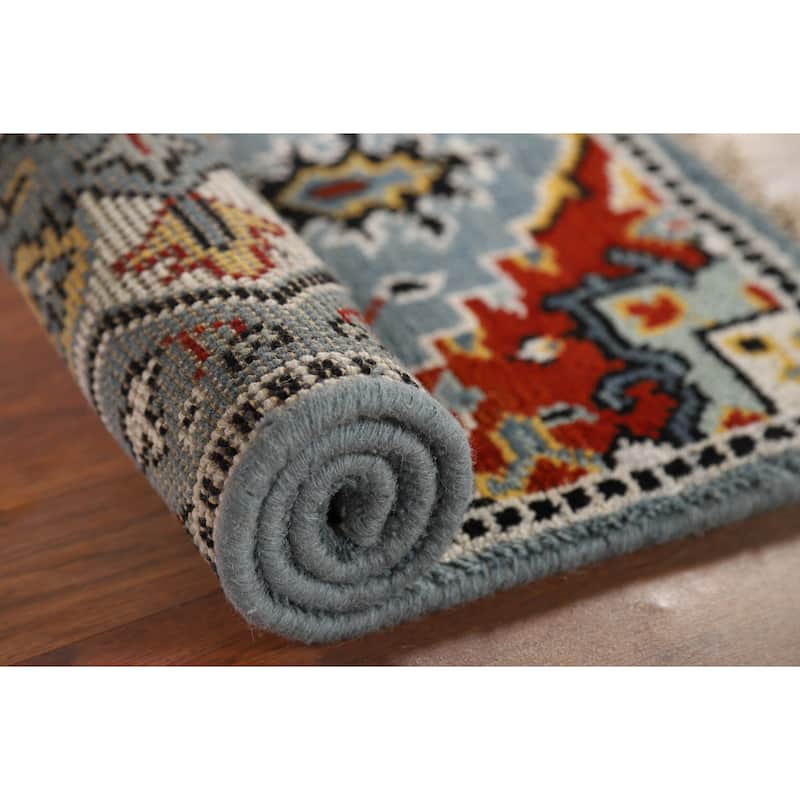 Blue Geometric Kazak Oriental Accent Rug Hand-Knotted Wool Carpet - 2'0" x 3'0"