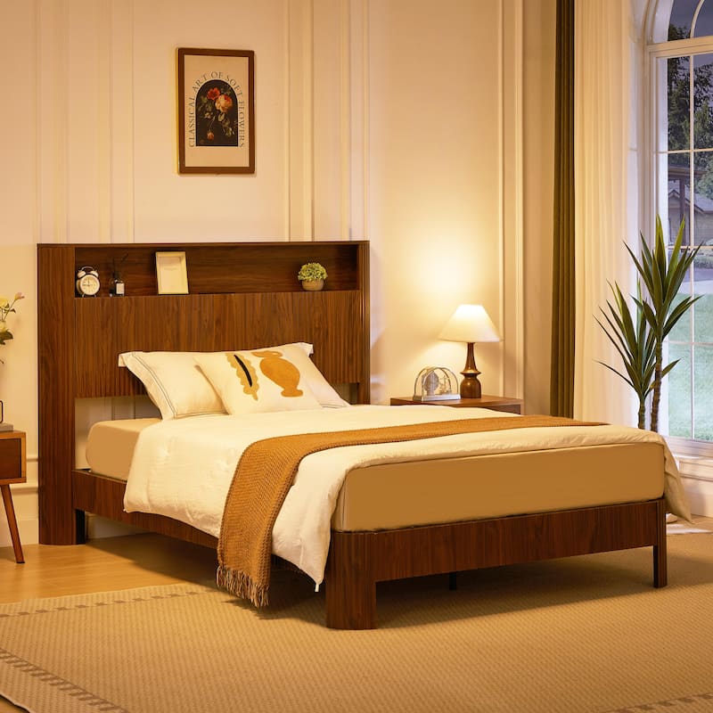 Full XL Bed Frame with Storage Headboard, Charging Station, Wavy Design, Silent Operation, Walnut Finish