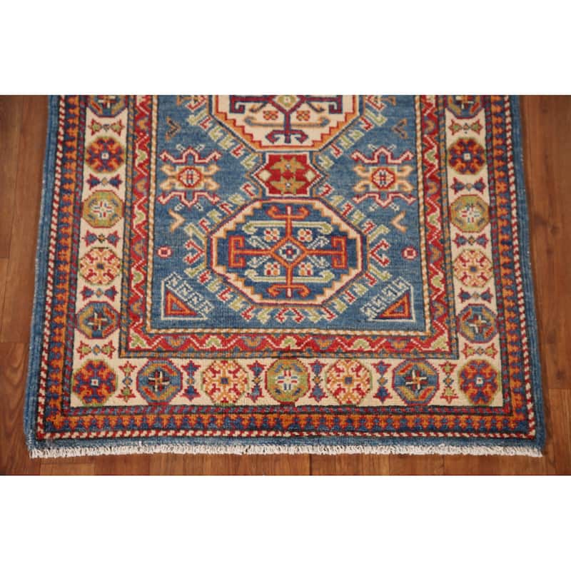 Blue Kazak Oriental Accent Rug Hand-Knotted Geometric Wool Carpet - 2'8"x 4'1"