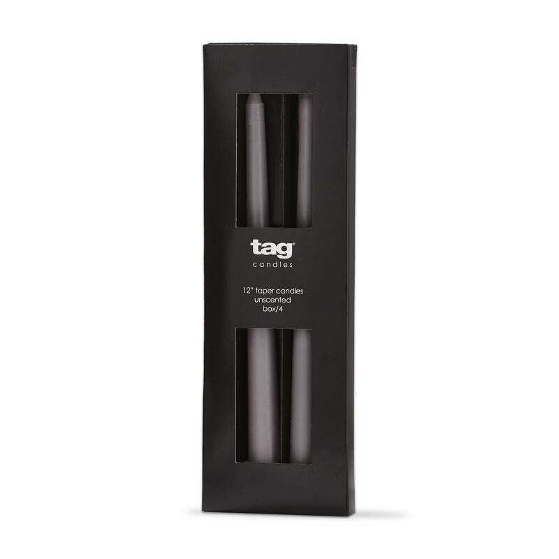 Color Studio 12" Traditional Taper Unscented Smokeless Paraffin Wax Candle Grey, Set of 4, Burn Time 8 hrs.