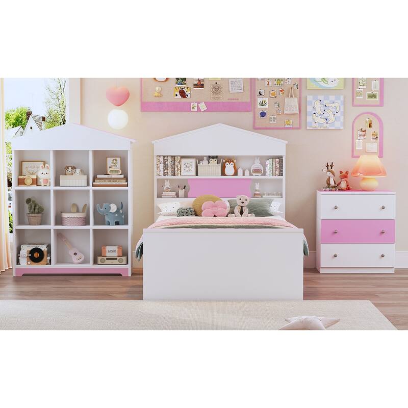 Twin Size House-Shaped Wooden Bed with Storage Shelf on the Headboard, Built-in Two Storage Drawers