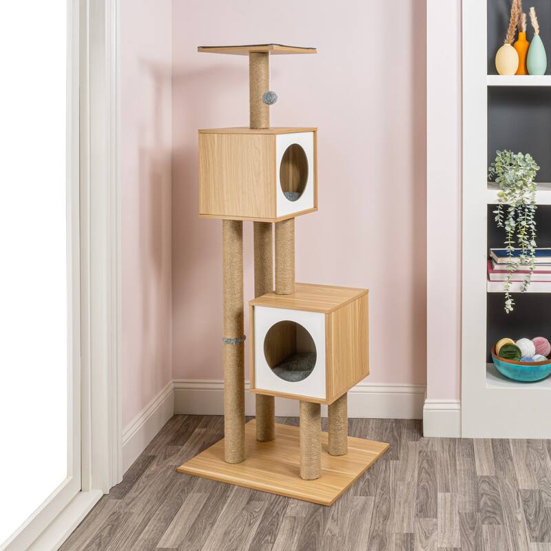 Sawyer 56" 3-Tier Minimalist Jute Cat Tree Condo with Scratching posts, and Fuzzy Toy, Brown/White