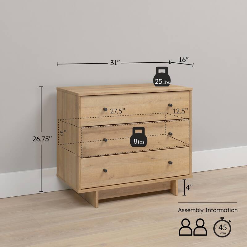Prepac Finnley 3-Drawer 31" W Nightstand, Extra-Wide Bedside Table with Storage, Modern End Table for Home, Bedroom, Living Room