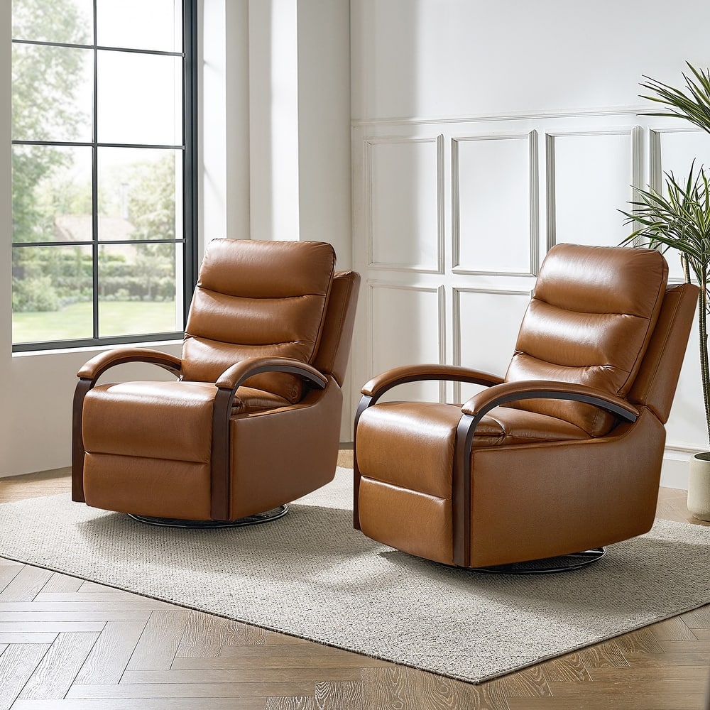 Leopold Genuine Leather Swivel Rocking Manual Recliner Chair with Wooden Arm Accents Set of 2 by HULALA HOME
