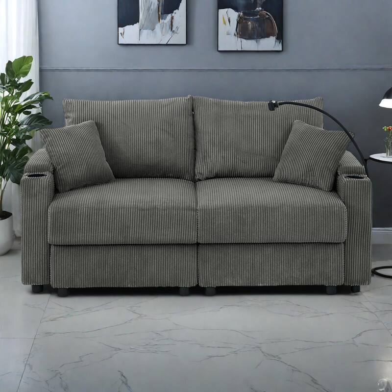 73" Corduroy Modern 2-Seater Sofa Deep Seat with Cup Holders & Phone Holder - Grey