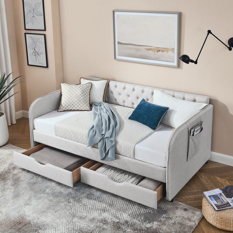Twin Size Linen Upholstery Daybed with Trundle Bed,Two Storage Drawers