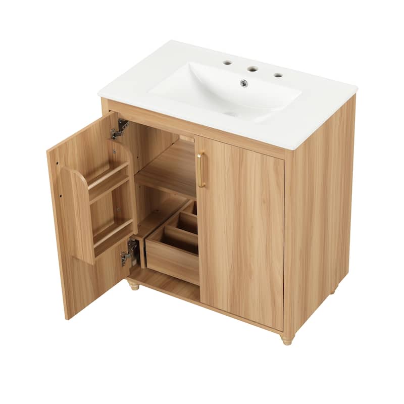 Modern 30" Bathroom Vanity, Natural Wood Finish, Ceramic Sink, Multi-Functional Cabinet with Storage Drawer