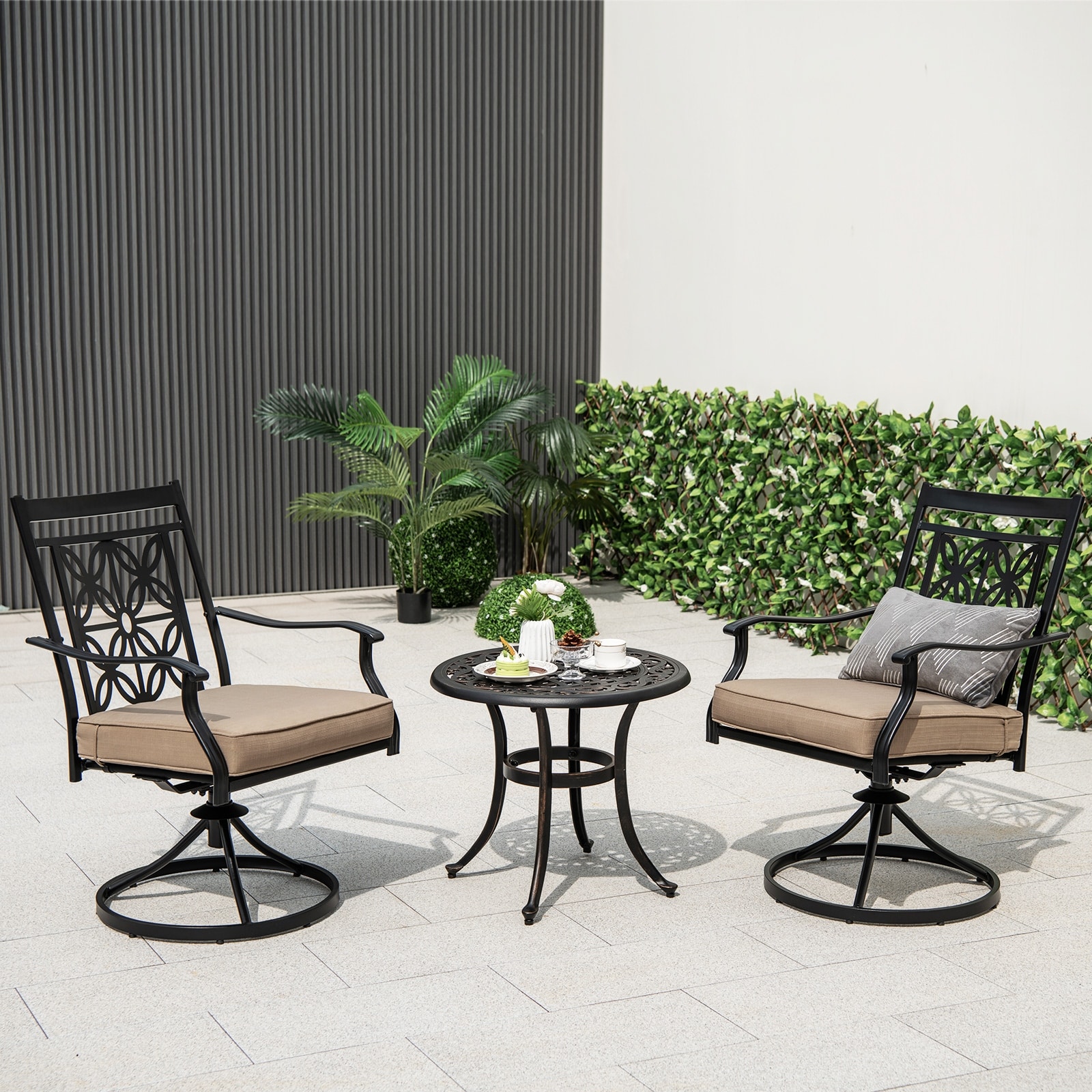 Gymax Patio Metal Swivel Chairs Set of 2 Fabric Bistro Rocker Chairs