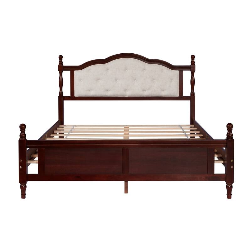 Solid Wood Queen Size Platform Bed Frame with Upholstered Headboard