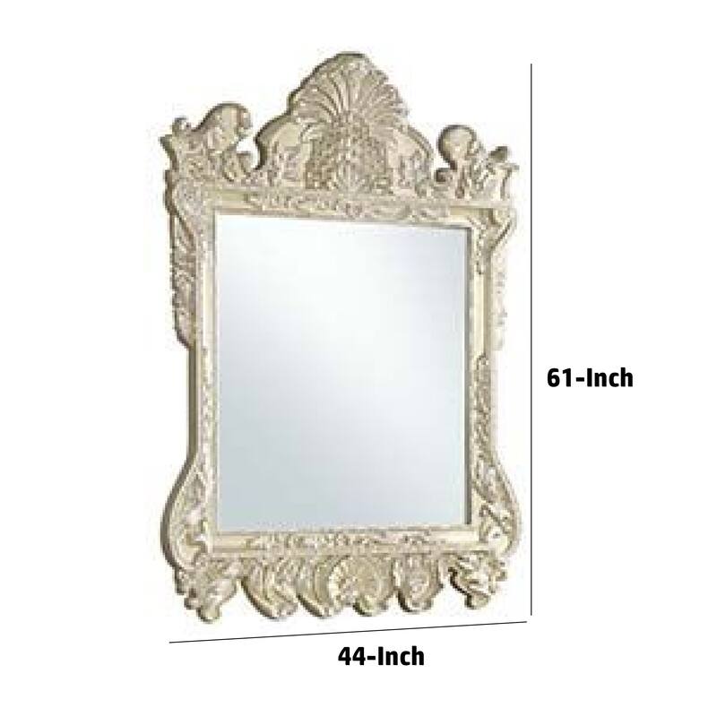 61 Inch Wall Mirror, Oversized Floral Carving, Champagne Silver
