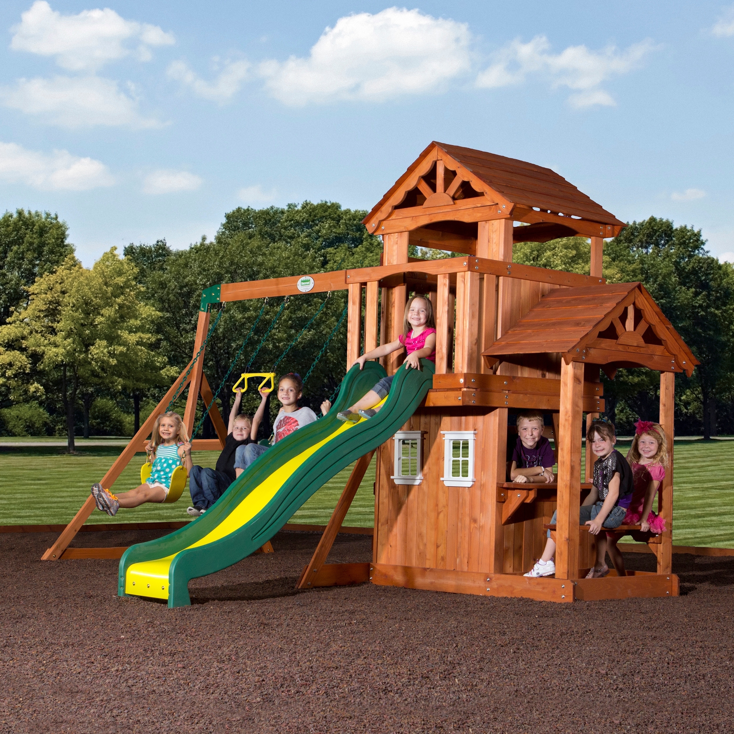 Backyard Discovery Tanglewood Cedar Wood Swing Set, Slide, Clubhouse - Brown