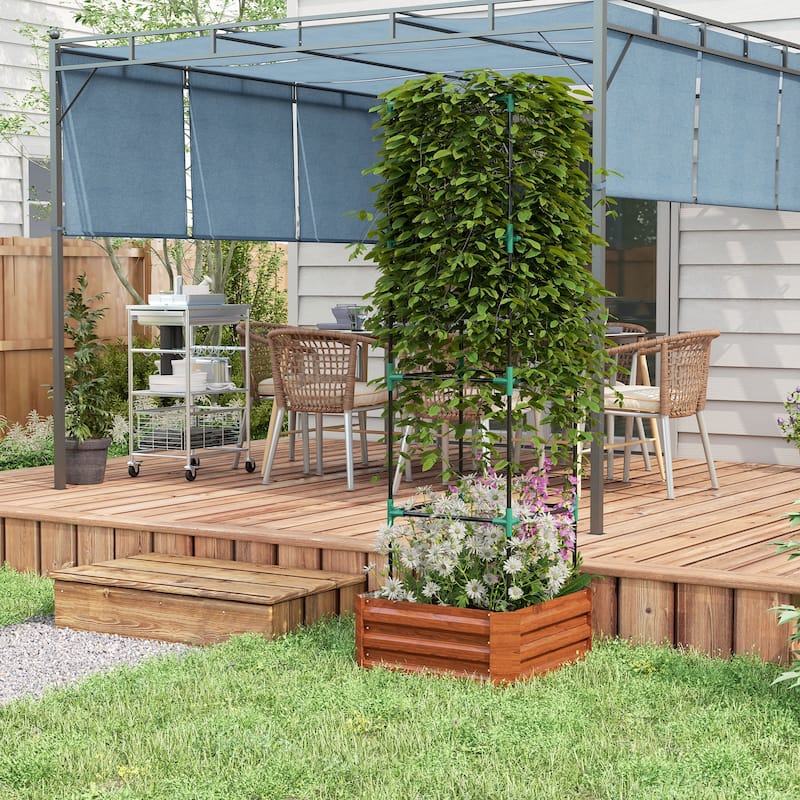 Galvanized Raised Garden Bed, 24" x 24" x 11.75" Outdoor Planter Box with Trellis Tomato Cage and Open Bottom for Climbing Vines