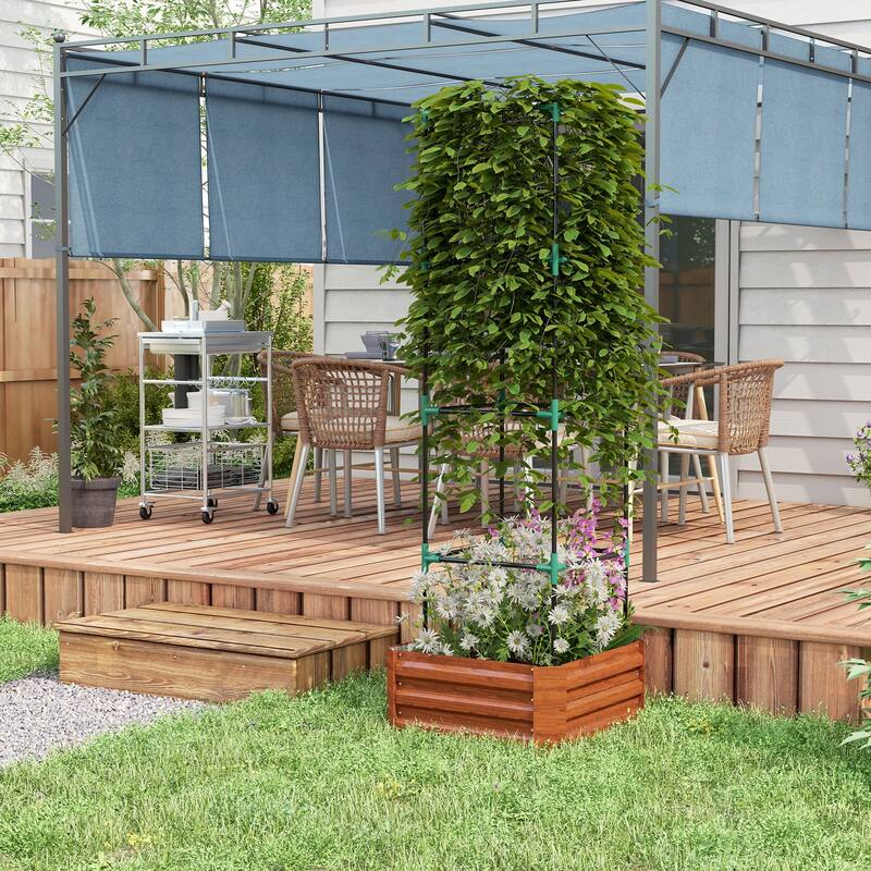 Outsunny Galvanized Raised Garden Bed, 24" x 24" x 11.75" Outdoor Planter Box with Trellis Tomato Cage and Open Bottom