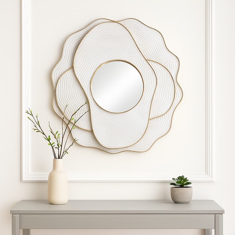 Decorative Large Square Layered Wood Wall Mirror - 39", Ivory & Gold - 39.0"