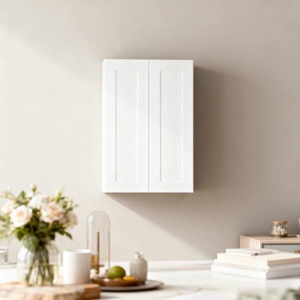 24 Inch White Shaker Double Door Wall Cabinet Solid Wood with 3 ...