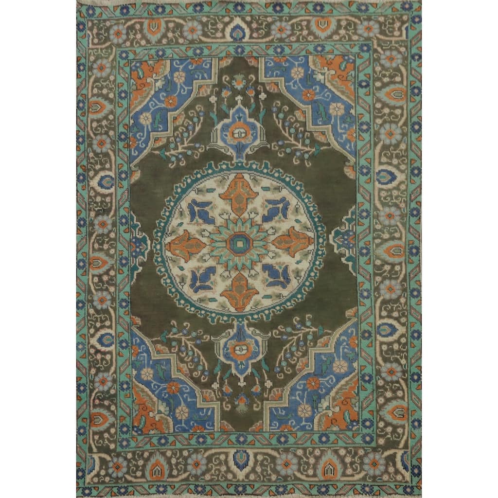 Hand Knotted Oriental 100% Wool Carpet Traditional Medallion Green Tabriz Area Rug - 6' 2'' X 4' 8''