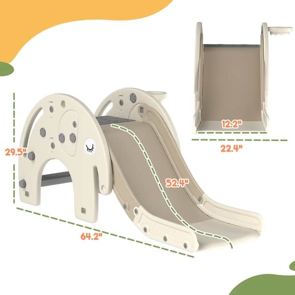 3 in 1 Toddler Slide for Years 1-3, Kids Slide with Climber, Basketball Hoop, Elephant-Shaped Indoor Slide, Cream White
