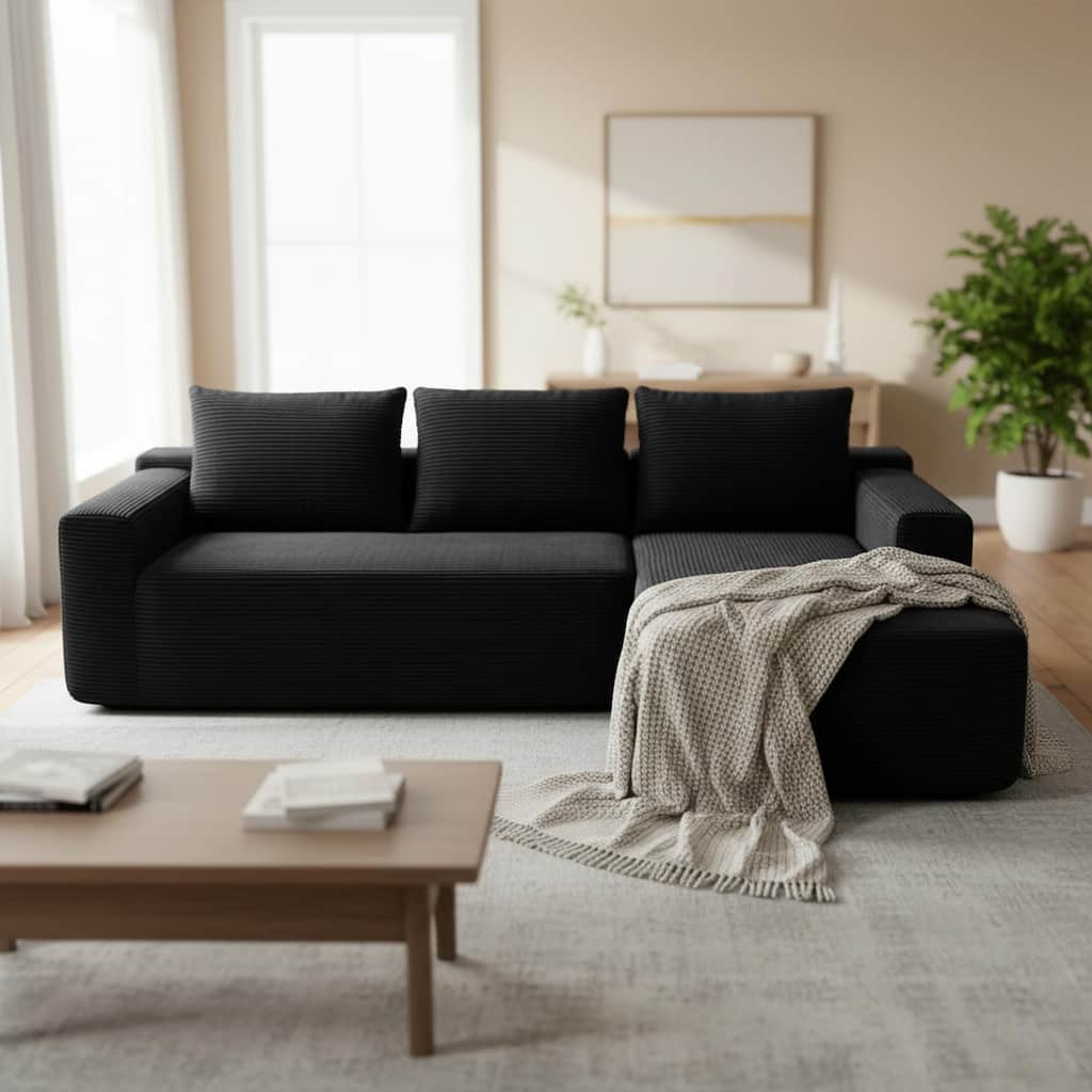 Homy Casa 105" Cloud Sectional Sofa with Chaise, Ribbed Corduroy, No-Assembly Deep-Seat Modular Couch (Gray/Black/Camel)