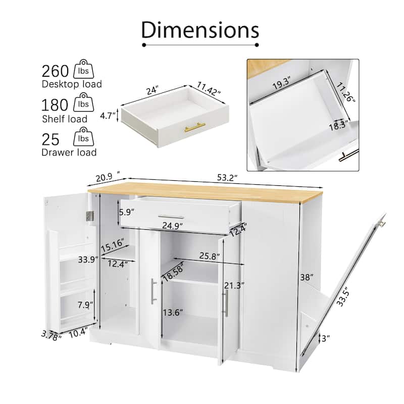 53" Kitchen Storage Islands with Drawers and Trash Can Storage for Kitchen & Dining, 53.2"W x 20.9"D x 38.0"H