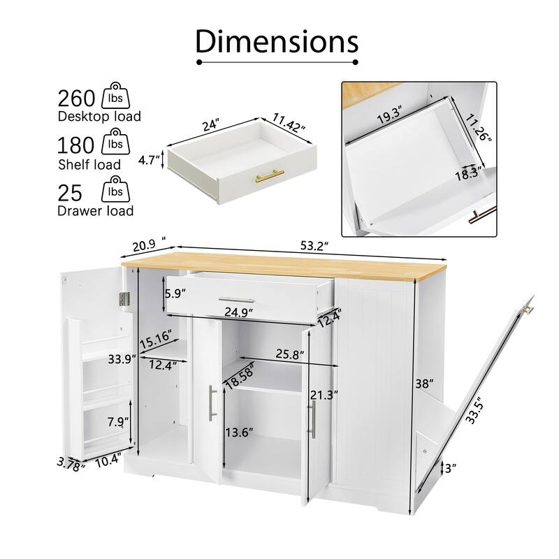 53" Modern Farmhouse Kitchen Island with Drawer, Tilt-Out Trash Can Storage, Adjustable Shelves & Spice Rack for Kitchen