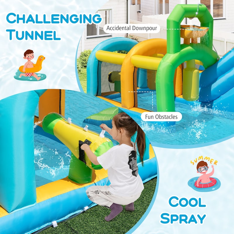 Large Outdoor Inflatable Water Park Slide with Climbing Ramp Basketball Hoop and Ring Toss for Kids