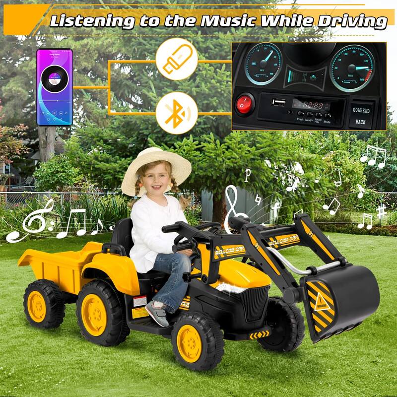 EROMMY Ride on Car Toys with Remote Control, Digger, Horn, Lights, Music Player, Safety Belt, - Toddler - E-Yellow