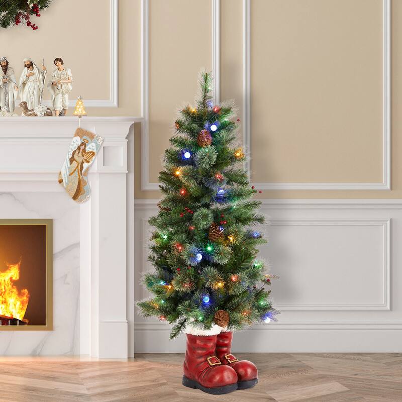 Glitzhome 4.5ft LED Lighted Christmas Tree with Santa Boots Base, Berry Bow Wreath, Garland Set for Front Door Entryway