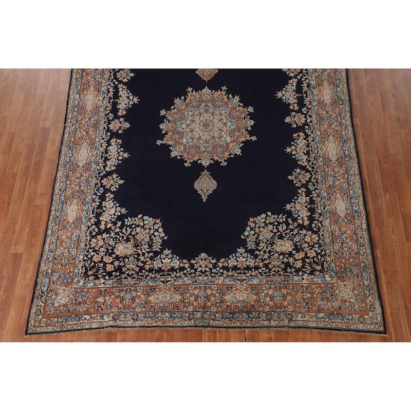 Navy Blue Floral Kerman Persian Antique Area Rug Handmade Wool Carpet - 6'11" x 9'7"